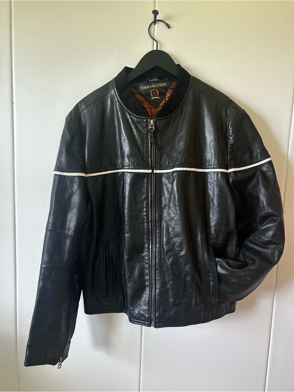 Tommy Hilfiger 90s/ Y2K Black Leather Moto Jacket with White Stripe